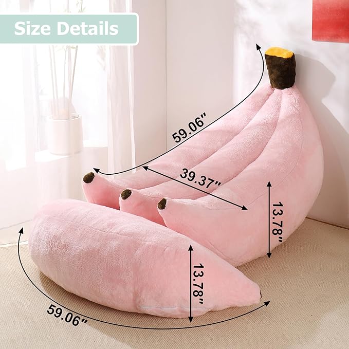 Banana Bean Bag Chair with Ottoman, Floor Sofa Bed with Footrest, Comfy Convertible Lounger for Adults, Plush Couch for Bedroom, Living Room or Dorm, L-Pink