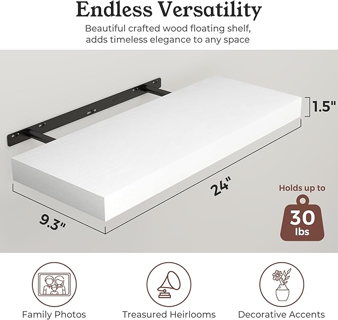 Floating Shelves for Wall, 9.3" Deep Wall Mounted Wood Shelves for Bathroom, Bedroom, Living Room, Kitchen, Hanging Shelf for Books/Storage/Room Decor (White, 24")