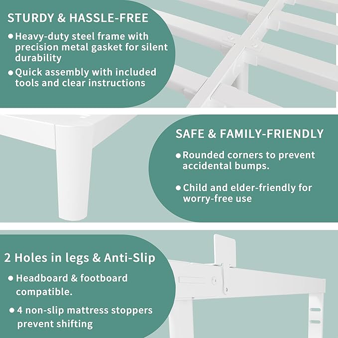 ITIMIDI 10 Inch Full White Bed Frames with Metal Gaskets,Metal Platform Bed Frame Full Size, Heavy Duty Steel Support 3000 LBS, No Box Spring Needed, Anti-Slip Mattress Stopper, Easy Assembly