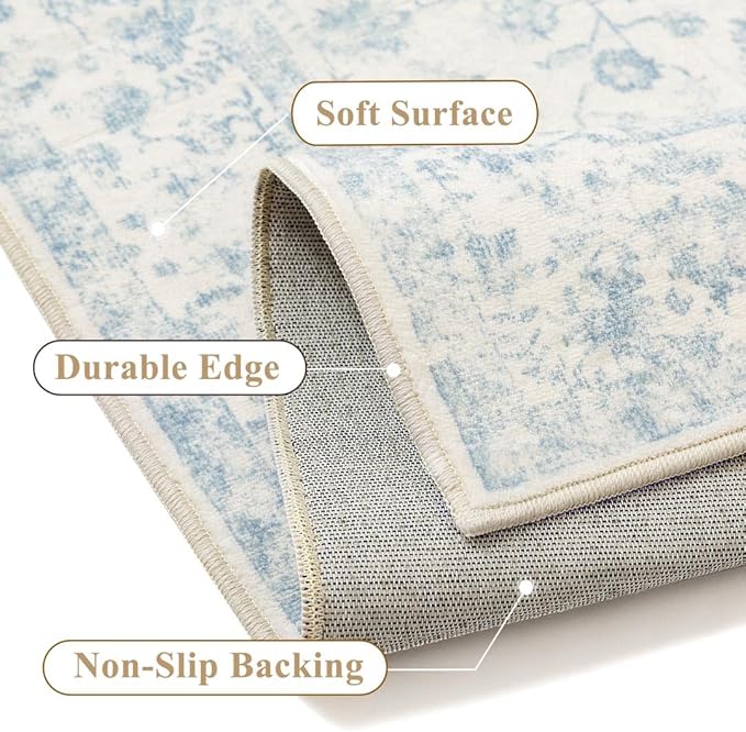 9x12 Blue Area Rug Non Slip Large Vintage Living Room Distressed Machine Washable Carpet Traditional Indoor Bedroom Blue Retro Floral Accent Throw Rug for Office Kitchen Dorm Dining Room