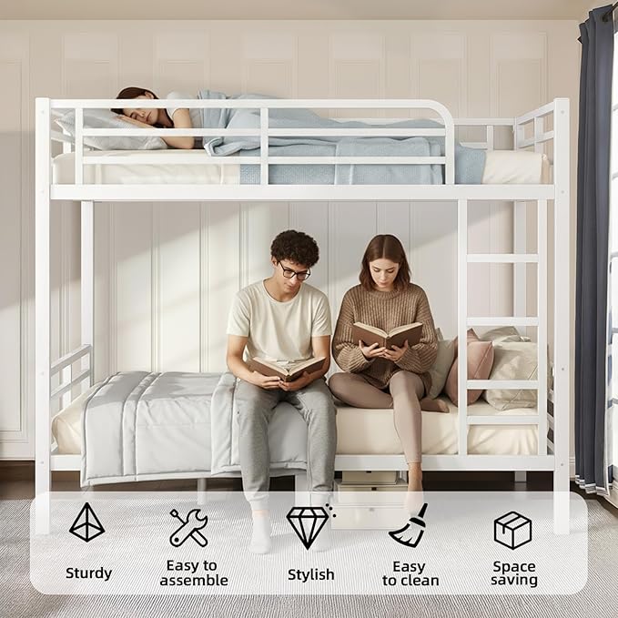 Full Over Full Bunk Bed Frame, Heavy Duty Metal Loft Bed for Adults/Teens, 350/500LB Capacity w/Ladder & Guardrail, Noise-Free Steel Slats, No Box Spring Required, White