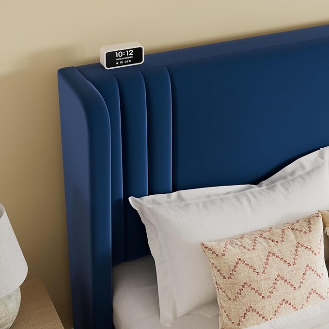 SHA CERLIN King Size Velvet Upholstered Platform Bed Frame with Vertical Channel Tufted Wingback Headboard, Wooden Slats Support, Easy Assembly, Under Bed Storage, No Box Spring Required, Blue