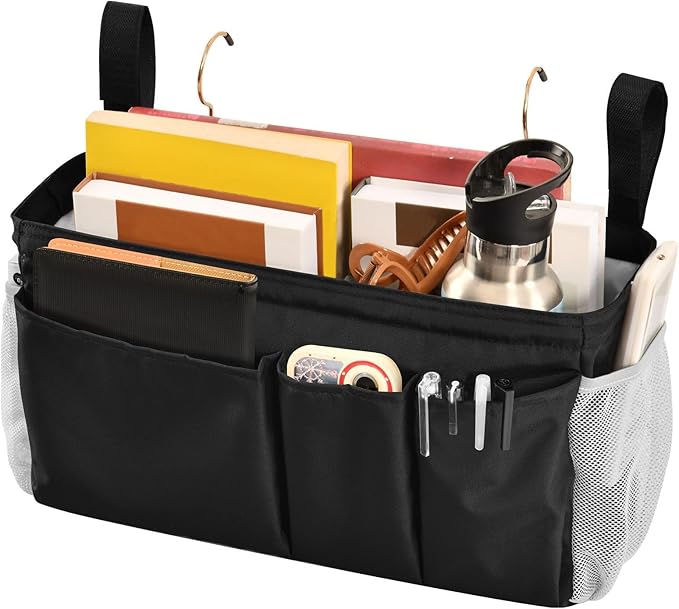 KOPIRIT Black Bedside Caddy Storage Bag Bedside Organizer for Bed Rails College Dorm Room Organizer Caddy Hanging Shelf 6 Pockets with Hooks for Drinks Magazine Phone Holder