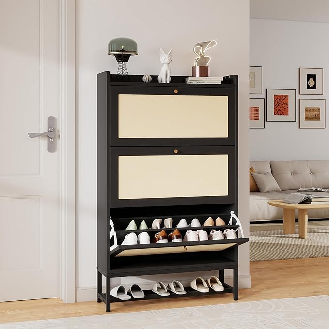 Slim Entryway Shoe Storage Cabinet with 3 Flip Drawers, Modern Freestanding Shoes Organizer Holds 16-20 Pairs, Closed Shoe Storage for Hallway, Foyer - Space-Saving Wood Shoe Cabinet