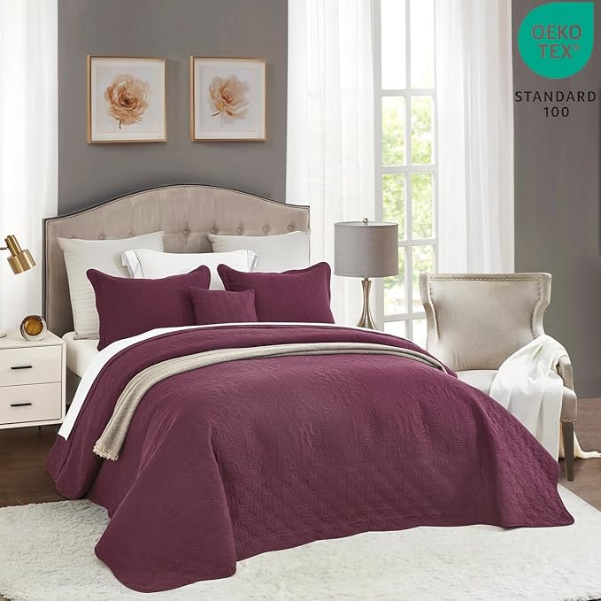 CHIXIN Bedspread Coverlet Quilt Set Full Size - Lightweight Bedding Cover - Ultrasonic Quilting - 5 Piece Reversible Bedspread - Elegant Damask Paisley Pattern (Full, Purple)