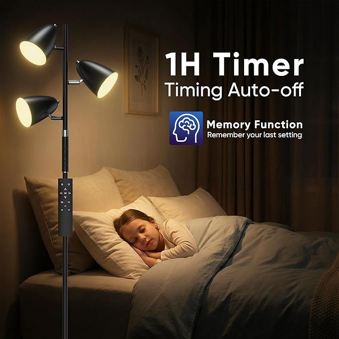 QiMH LED Floor Lamp for Living Room, 36W Modern Standing Lamp with 3 Lights, Tree Floor Lamp for Bedroom with 4 Colors Changing& RGB Mode, Remote and Touch Control Stepless Dimmable Tall Lamp, Black