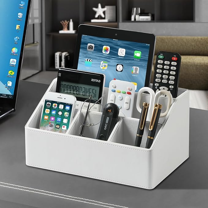 MEIBOOCH PU Leather Desk Organizer, Luxury Remote Control Holder for Home, Office Desk Accessories Table Caddy Bedside Nightstand Organizer (White)
