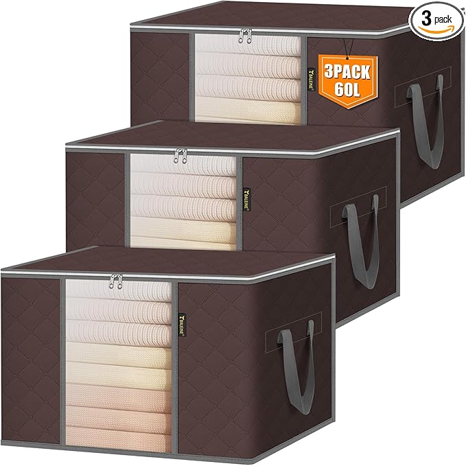 BALEINE 3 Pack Clothes Storage Bags, 16 Gallon Storage Containers with Reinforced Handle, Sturdy Zipper, Closet Organizer for Blanket, Comforter, Pillow, Bedding (Brown, 3 Pack)