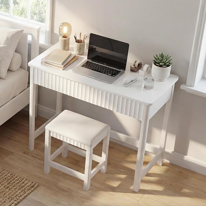 ChooChoo 40 Inch Modern Desk with Drawers, Makeup Vanity Desk with Padded Stool, Small Home Office Desk for Bedroom, White