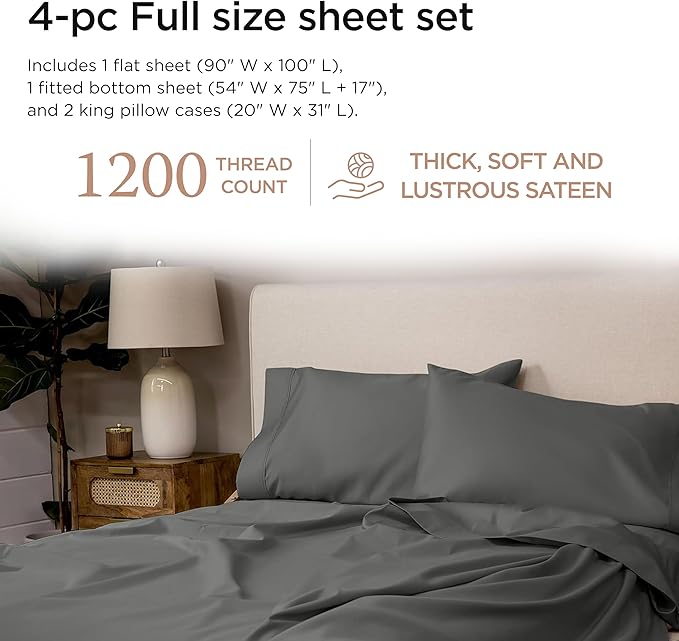 Threadmill Luxury Supima Cotton Sheets, Luxury 1200 Thread Count Soft 100% Cotton Sheets for Full Size Bed, 4 Pc Dark Grey Bed Sheets Full Set, 5-Star Hotel Quality Deep Pocket Bed Sheets Set