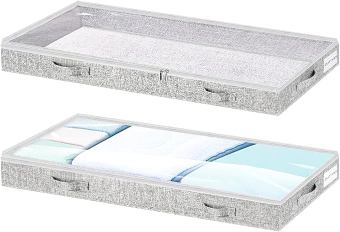 Low Profile Under Bed Storage, 3-Inch High Foldable Underbed Storage Bins with Lid & Zipper, No Structure, Super Slim Clothes Organizer for Crib Dorm Couch Low Bed, 2-Pack, Clear Top