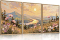 LHIUEM Large Boho Sunset Wildflower Framed Canvas Wall Art,Nature Pink Flower Wall Decor,Blossom Botanical Mountain Landscape Artwork for Living Room,Bedroom,Dining Room,Office -16"x24"x3