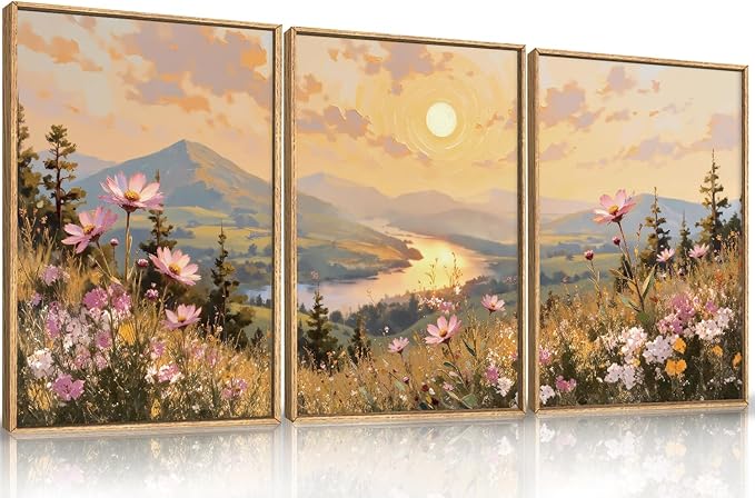 LHIUEM Large Boho Sunset Wildflower Framed Canvas Wall Art,Nature Pink Flower Wall Decor,Blossom Botanical Mountain Landscape Artwork for Living Room,Bedroom,Dining Room,Office -16"x24"x3