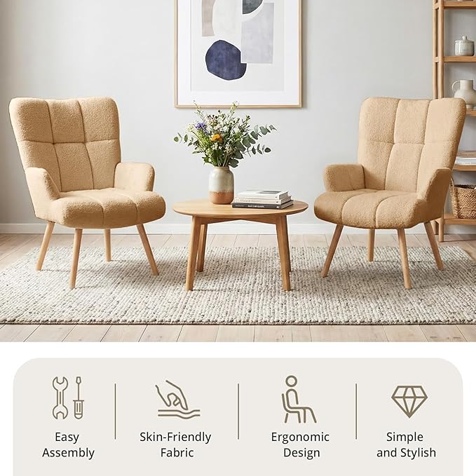 Joysoul Modern Accent Chair, High Back Arm Chair with Wood Legs Sofa Seat Teddy Fleece Fabric Reading Chair for Living Room Bedroom Waiting Room (Brown)
