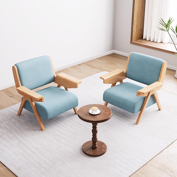 Accent Chair Set of 2, Mid Century Modern Chair, Velvet Upholstered Lounge Arm Chair with Solid Wood, Cozy Seating for Living Room, Bedroom, Balcony (Blue)