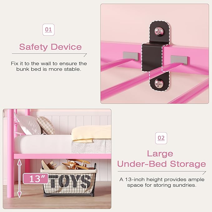 VECELO Bunk Bed Twin Over Twin, Metal Bunkbeds with Ladder and Full-Length Guardrail, No Box Spring Needed, Space Saving, Noise Free, Light Pink