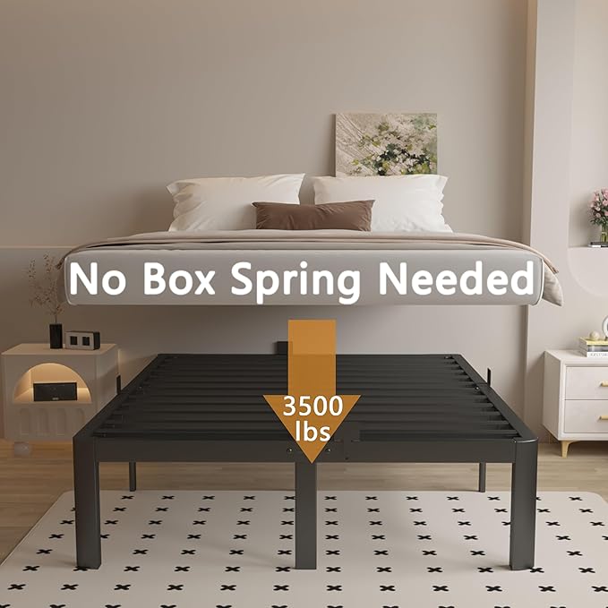 Full Size Bed Frame 16 Inch Black, Metal Platform Full Bed Frame with Baffles, No Box Spring Needed, Heavy Duty Steel Supprt, Rounded Corner Design, Reserved Holes, Noiseless, Easy Assembly