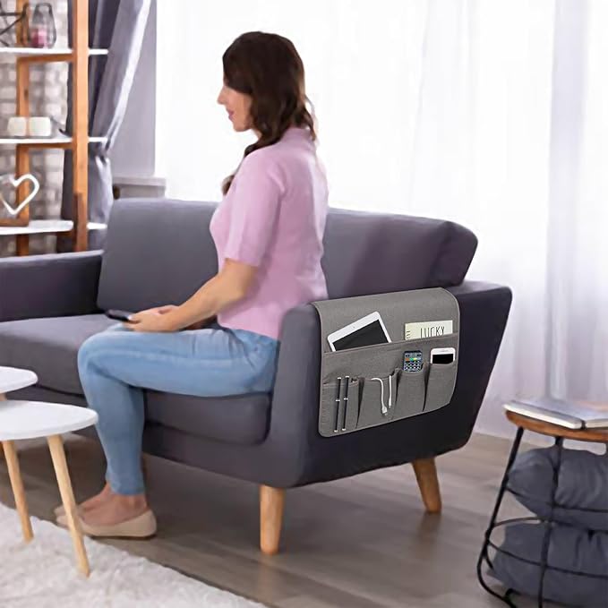 NB Sofa Armrest Organize remote holder bedside caddy organizer with 5 pockets，non-slip couch remote control holder couch armchair caddy accessories (Dark Grey, 35''x18'')