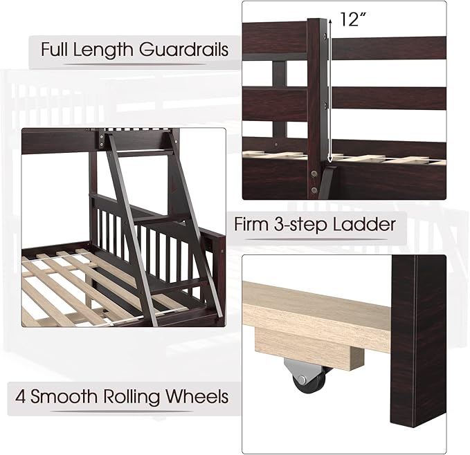 Giantex Twin Over Full Bunk Bed with Trundle, Convertible Platform Bed Frame with Ladder, Solid Wood Frame & Safety Guardrails, Space-Saving Bunk Bed for Teens & Kids, No Box Spring Needed, Espresso