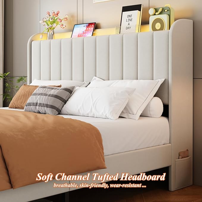 Full Size Bed Frames with Storage Headboard and 2 Drawers, Upholstered Platform Bed Frame Full with Led Lights and Handy Charging Station, No Box Spring Needed, Easy Assembly, Noise Free, Beige