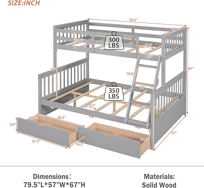 Merax Wood Bunk Bed with Drawers,Convertible Wood Bunk Bed with Ladders and Two Storage Drawers,Solid Wood Detachable Bed Frame with Ladders,Twin Over Full Size,Grey