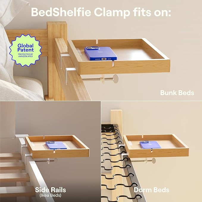 BedShelfie Wood Bedside Shelf for Bunk Bed & Top Bunk, College Dorm Room Essentials, Loft Nightstand, Floating Bed Side Table Tray Storage, Dorm Room Decor by Smallish - (Flexfit Bamboo, Natural)
