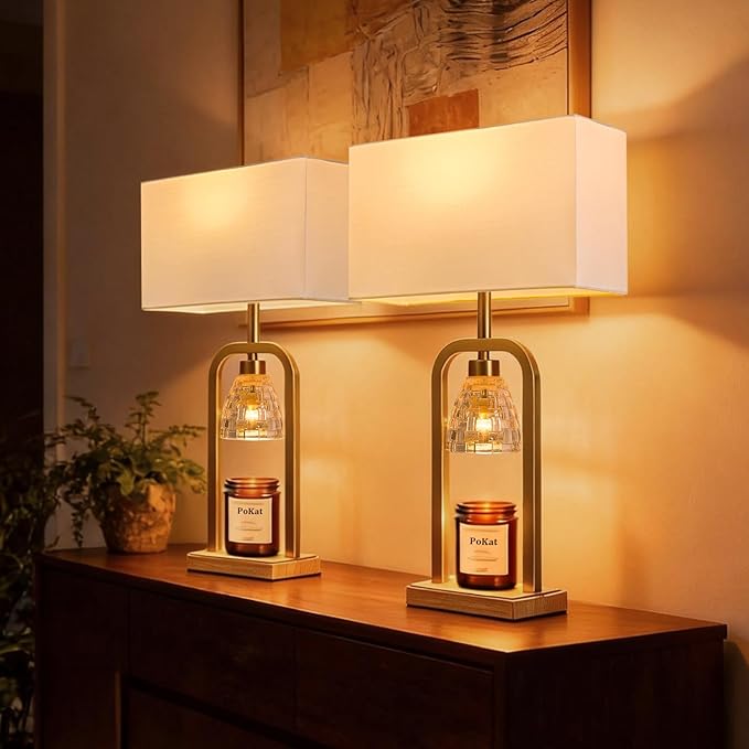 PoKat Gold Table Lamps for Bedroom with Candle Warmer & Timer, Mid Century Modern Bedroom Lamps for Living Room Night Stands, Bedside Lamps for End Table, Dinning, Bathroom, Bulbs Included