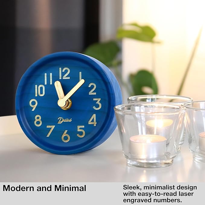Driini Wooden Analog Desktop Clock – 4.3 in. Decorative Pinewood, No-Tick Design – Easy to Read Silent Sweep Mantle Clock – Quiet Tabletop Clocks with Wood Body, Hands, & Battery Cover; Blue