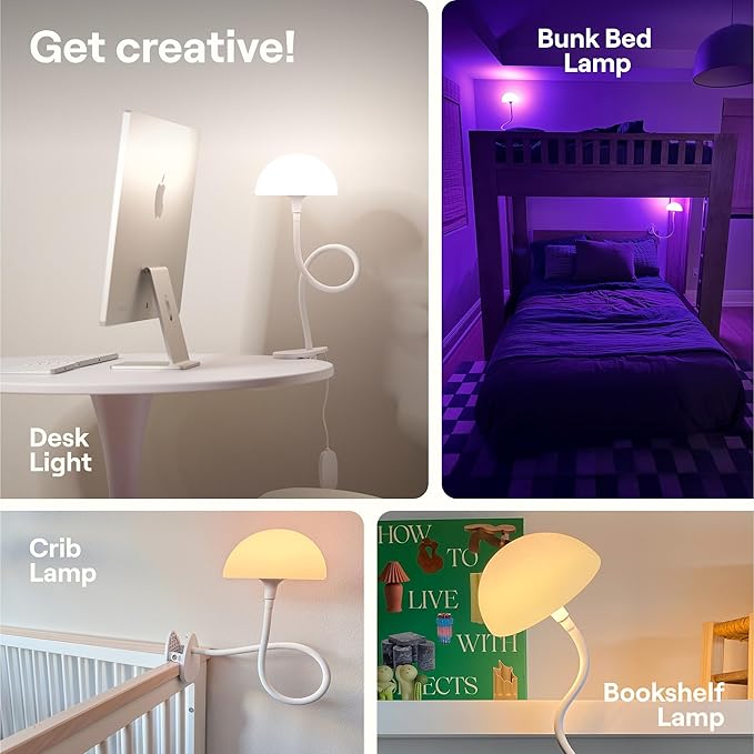 Shroommate Clip On Light and Bed Headboard Lamp, Bedside Table Lamp for Dorm, College Dorm Room Essentials, Night Light for Kids Nursery, Clip on for Desk, MultiColor LEDs, Adapter Included (Black)