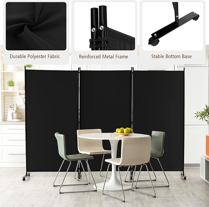GOFLAME 3 Panel Folding Room Divider, 6FT Rolling Privacy Screen with Lockable Wheels, Portable Room Partition Screen, Freestanding Wall Divider and Separator for Home Office, Black