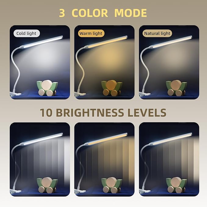 Desk Lamp with Clamp, Long Flexible Arm Clip on Lamp for Kids Reading in Bed, Easel, Make Up, Sewing Craft, Nail Tech Lamp, 3 Color Modes & 10 Brightness Levels