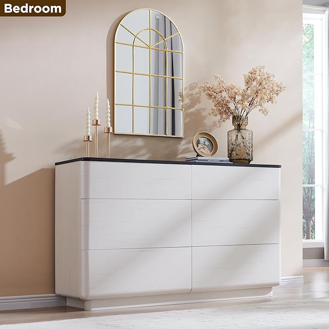 ACCOHOHO Modern 6 Drawer Dresser for Bedroom, 52" Wide Wooden Dressers with Large Storage,Handleless Chest of Drawers TV Stand for Living Room & Hallway, Curved Profile Design, White