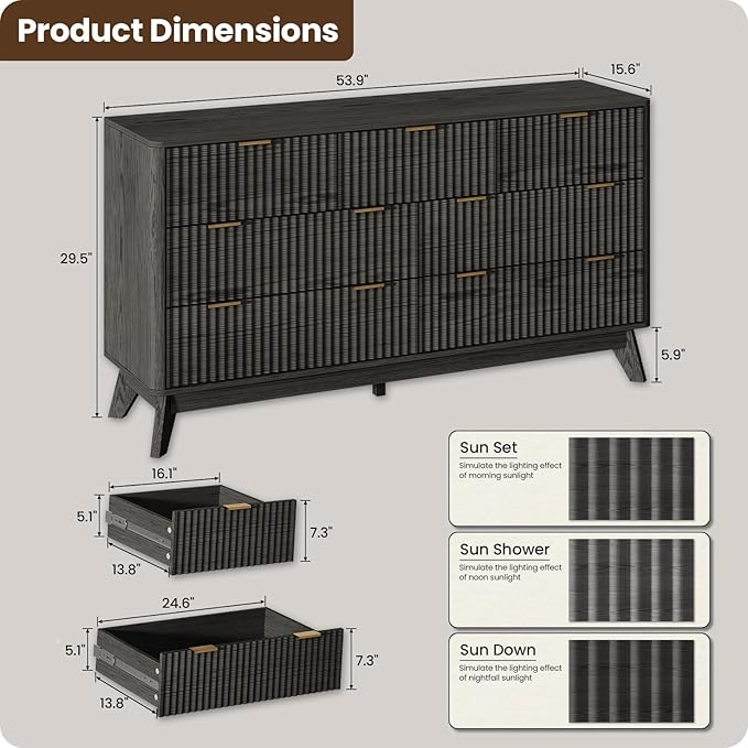 54'' Wide 7 Drawers Dresser for Bedroom,Modern Fluted Vertical Chest with Rounded Corners,Fluted Dresser for Living Room,Hallway, Black