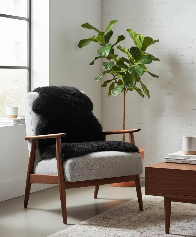 Super Area Rugs Black Sheepskin Rug Genuine Single 2x3ft Pelt Fluffy Fur Seat Cushion and Chair Cover
