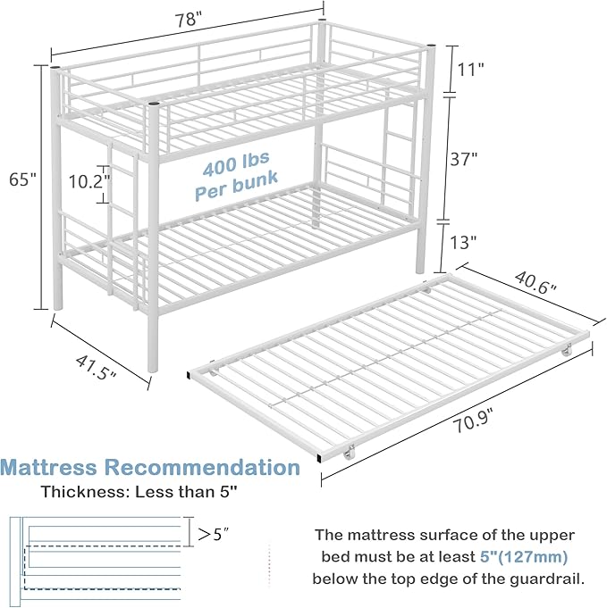 VECELO Bunk Bed Twin Over Twin with Trundle, Metal Bunkbeds with Ladder and Full-Length Guardrail, No Box Spring Needed, Space Saving, Noise Free, White