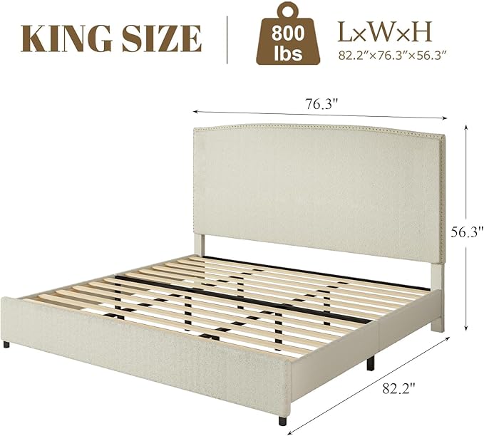King Size Bed Frame with Upholstered Headboard, 56" Modern Platform Bed, Soft Boucle Fabric & Gold Nailhead Trim, No Box Spring Required, Cream