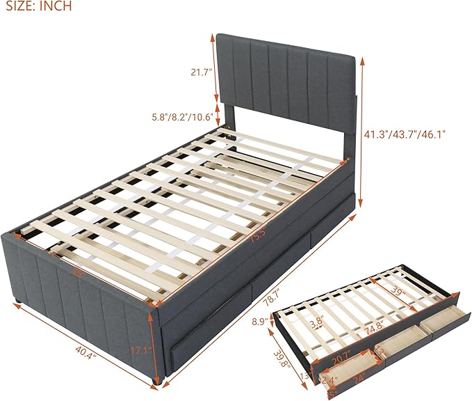 Twin Size Bed Frame with Trundle Bed and Storage Drawers,Linen Upholstered Bed Frame,Twin Size Trundle Bed with Adjustable Headboard,Upholstered Platform Bed Twin for Kids Teens Adults,Gray