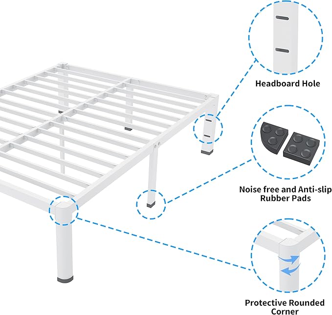ROIL 18 Inch White King Size Bed Frame with Rounded Corner and Headboard Hole Mattress Retainers 3500LBS Heavy Duty Steel Slats No Box Spring Needed Platform Noise-Free Easy Assembly