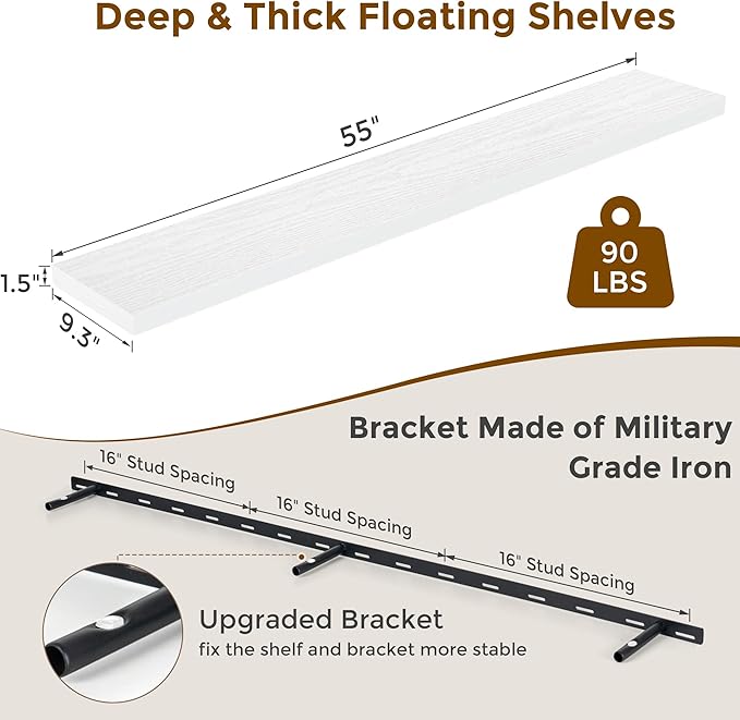 Fun Memories 55 Inch Floating Shelves for Wall, 55x9.3 Large Floating Shelf for Bedroom, Kitchen, Bathroom, Wall Mounted Rustic Wood Shelves with Invisible Bracket for Books, Decor, White