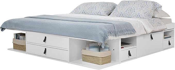 memomad Bali Slim Set: Storage Platform Bed with Drawers + Flat Panel Headboard (Queen Size, White Wood)