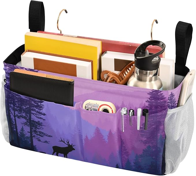 Bedside Caddy Hanging Bunk Bed Caddy Bed Organizer Hanging Pocket with 2 Hooks Bedside Storage Organizer Pocket Bag Holder Purple Stag Mountains and Forest