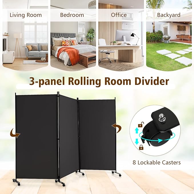 GOFLAME 3 Panel Folding Room Divider, 6FT Rolling Privacy Screen with Lockable Wheels, Portable Room Partition Screen, Freestanding Wall Divider and Separator for Home Office, Grey