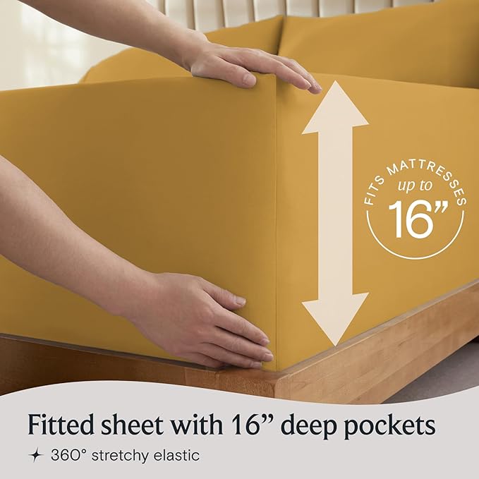 LuxClub 4 PC California King Sheet Set, Deep Pockets Wrinkle Free Cooling Bed Sheets Hotel Bedding for Women, Men, Includes 1 Fitted Sheet, 1 Flat Sheet and 2 Pillowcases-Medallion Gold