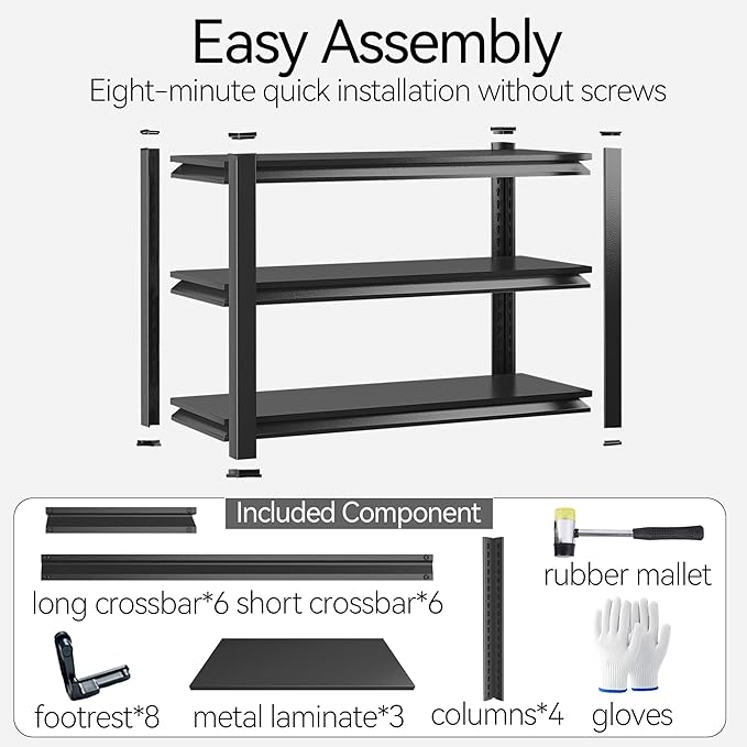 32'' Storage Shelves, 3Tier Garage Metal Shelving Unit, Adjustable, Double-Layer Column with Reinforced Ribs, Heavy-Duty, Capable of Bearing 1800 lbs, Suitable for Garage, Warehouse, Kitchen Storage