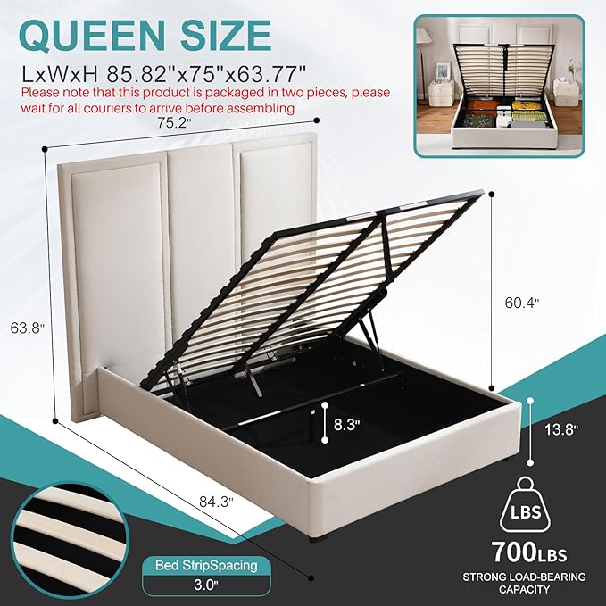 YUHUASHI Queen Size Bed Frame with 64-inch High Headboard, Simple and Airy Linen Upholstered Platform Bed with Storage Drawers, Wood Slat, No Noise (Beige, Queen(Hydraulic Lift))