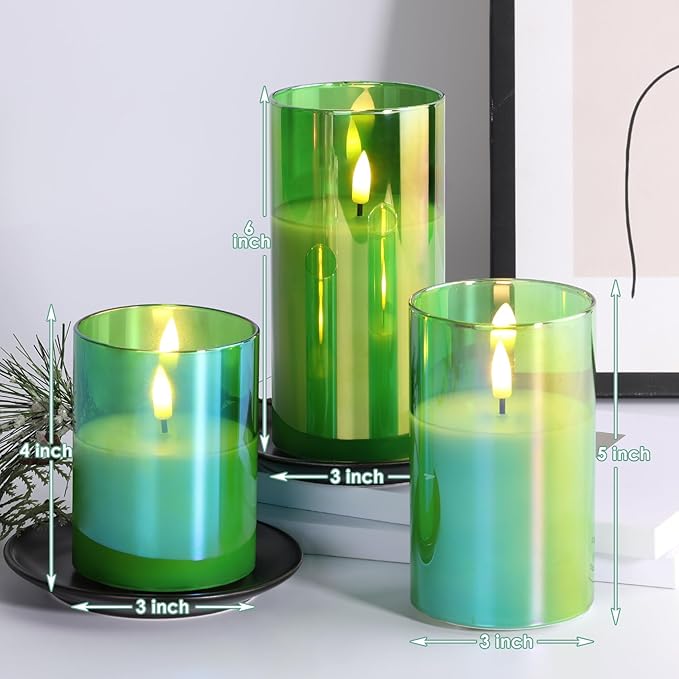 Eywamage Green Glass Flameless Pillar Candles with Remote, Flickering Christmas Battery LED Candles Holiday Decor Set of 3