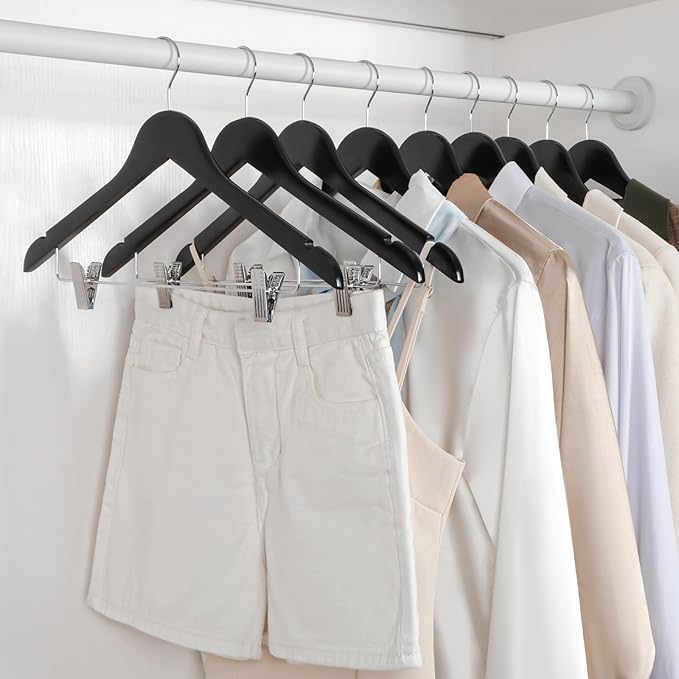 TOPIA HANGER Wooden Suit Hangers with Adjustable Metal Clips (20 Pack), Solid Wood Coat Hangers, 360° Swivel Hook, Premium Clothes Hangers for Jacket, Pant, Jeans, Blouse-Black, CT28B20