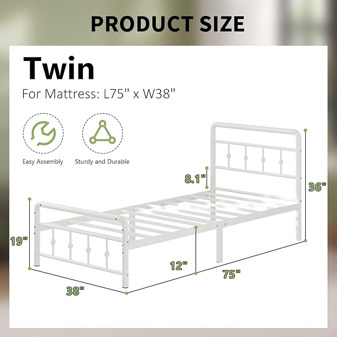 12 Inch Twin Bed Frames with Headboard and Footboard, Heavy Duty Twin Metal Mattress Foundation No Box Spring Needed, Noise Free, Easy Assembly, White