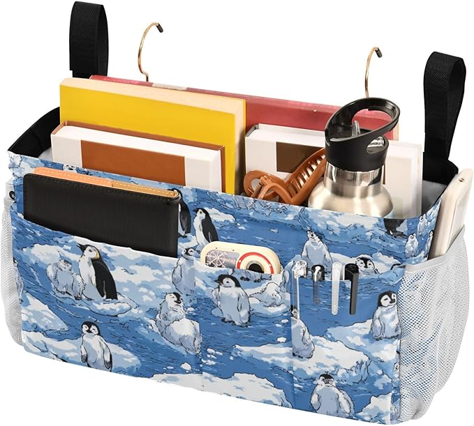 Bedside Caddy Hanging Bunk Bed Caddy Bed Organizer Hanging Pocket with 2 Hooks Bedside Storage Organizer Pocket Bag Holder Blue Penguins Ice Floes Snow Water
