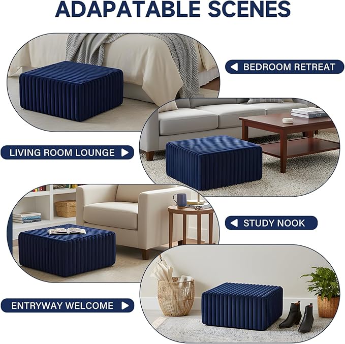 Tiita Suqre Stuffed Pouf Ottoman, Stripe Poufs 21×21×10 inch with Foam Chunk Filling, Floor Bean Bag Floor Chair Storage for Living Room Bedroom Home Decor, Navy Blue